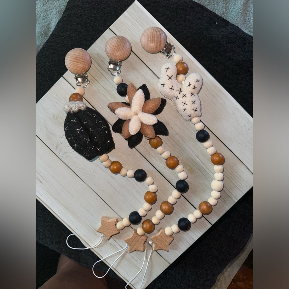 Lot of 3 Handmade Silicon and Wood Cactus  & Succulent  Pacifier/Binky Clips-